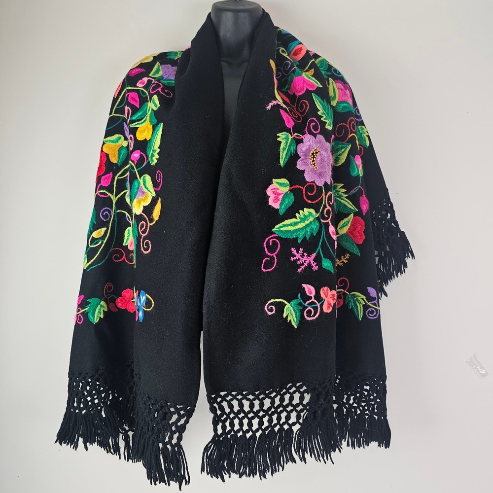 Mexican Floral Embroidered Shawl Black Colorful Fringe Wrap Scarf Spanish Boho